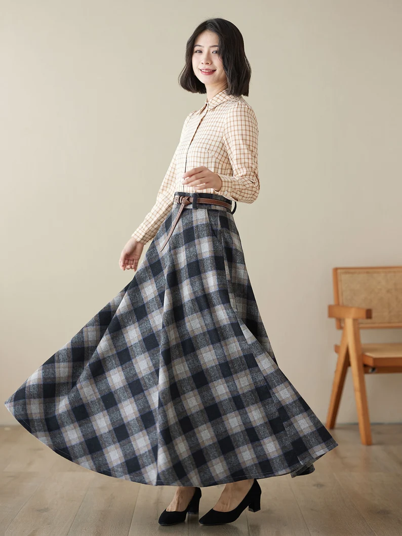 Maxi wool plaid skirt, Long wool skirt 4626