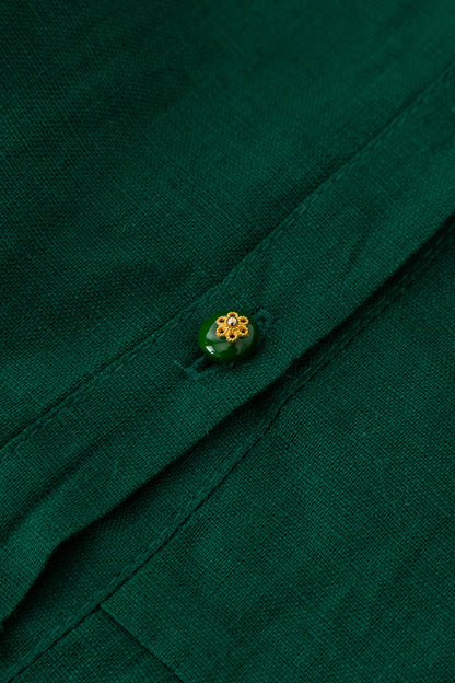 Green Linen Blend Midi Shirt Dress - Fit and Flare with Tie Belt Waist 4909