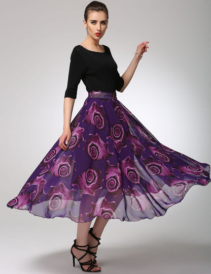 Vintage-Inspired Purple Print Chiffon Skirt with Elastic Waist 1297