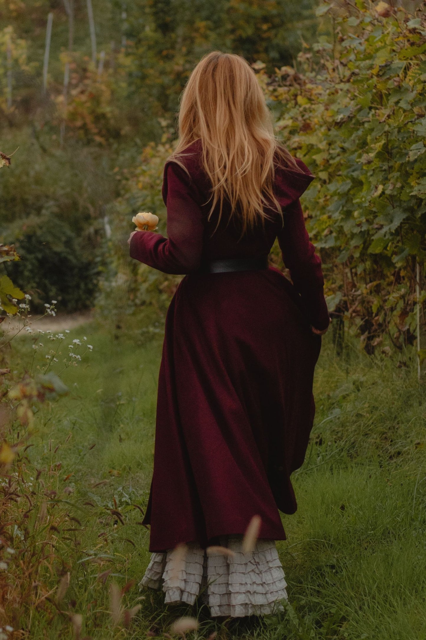 Burgundy Hooded Wool Coat – Handmade Long Belted Wool Winter Overcoat for Women 6546