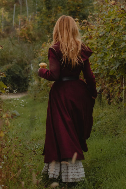 Burgundy Hooded Wool Coat – Handmade Long Belted Wool Winter Overcoat for Women 6546