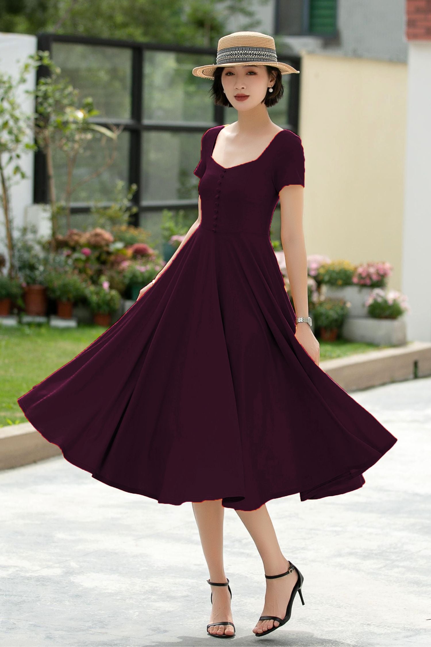 Square Neck Midi Dress, Linen Blend