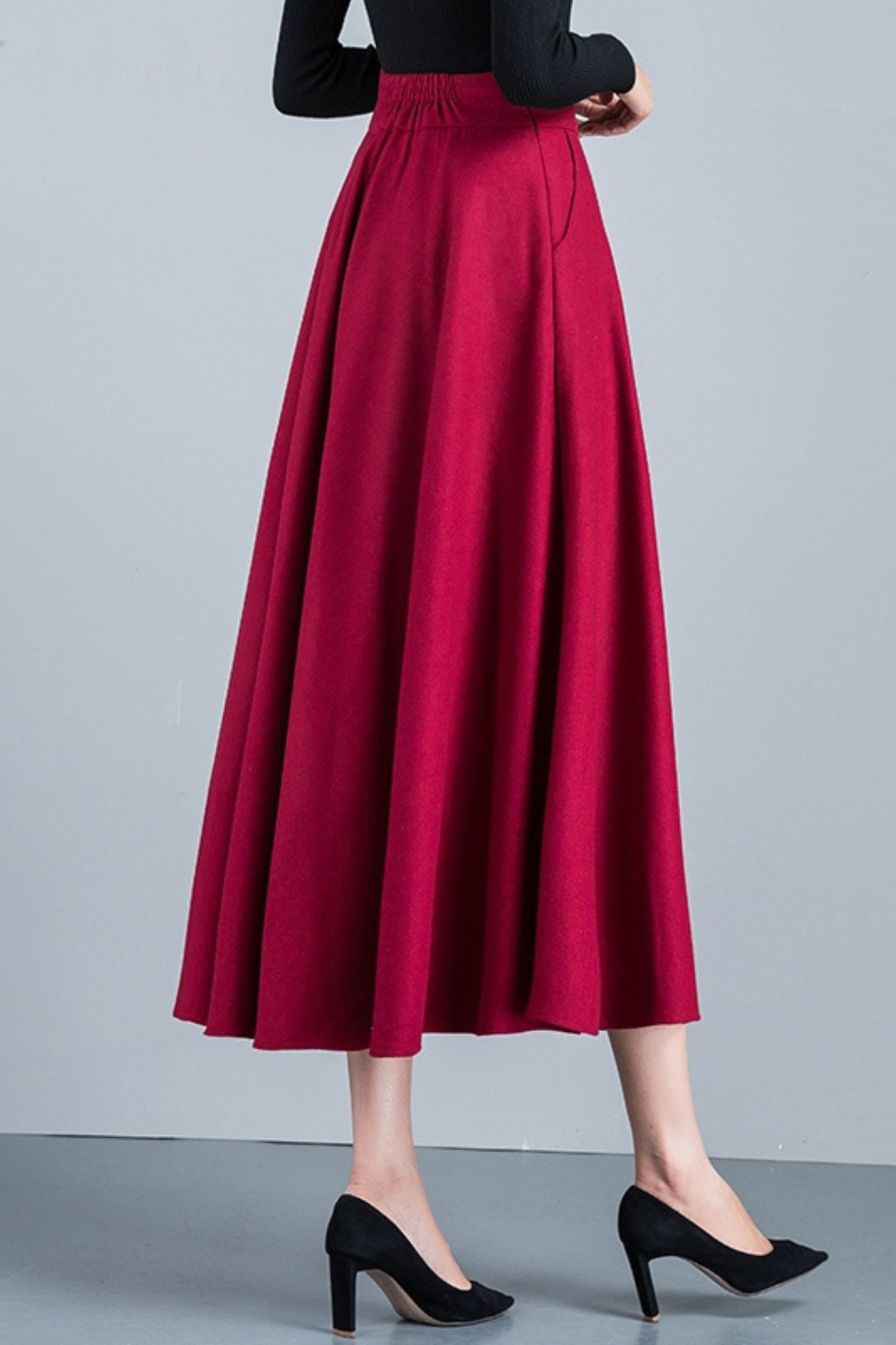 Handmade Wool Midi Skirt – Vintage A-Line High Waist with Pockets 6212