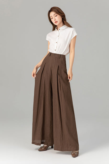 Brown Linen Wide Leg Pants - High Waisted Pleated Detail 4918