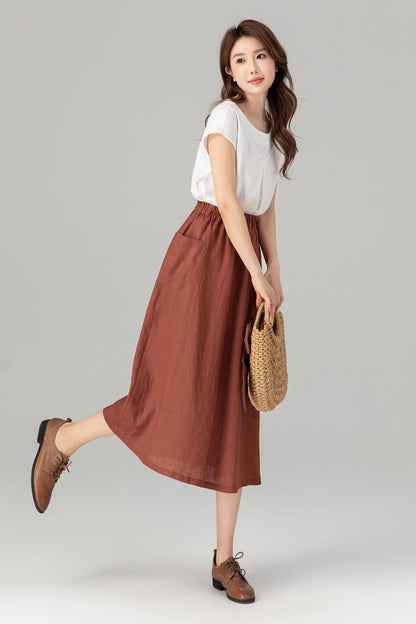 Rust Linen A-Line Midi Skirt - Elastic Waist with Pockets 4905