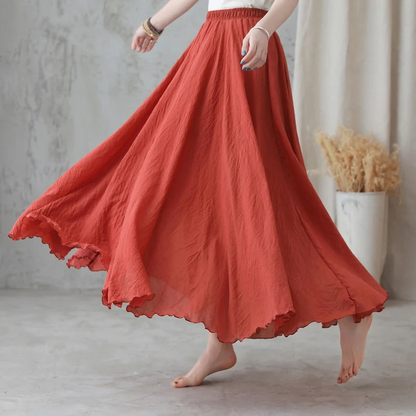 Bohemian Rust Red Linen Maxi Skirt – High-Waist Swing Hem – 2744