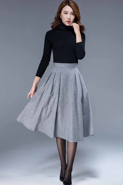 Gray Pleated Wool Midi Skirt – Handmade High Waist Winter Classic | Xiaolizi 1797