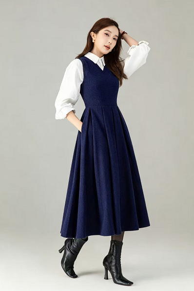 Blue Wool Blend Fit and Flare Dress - V-Neck Sleeveless 6917
