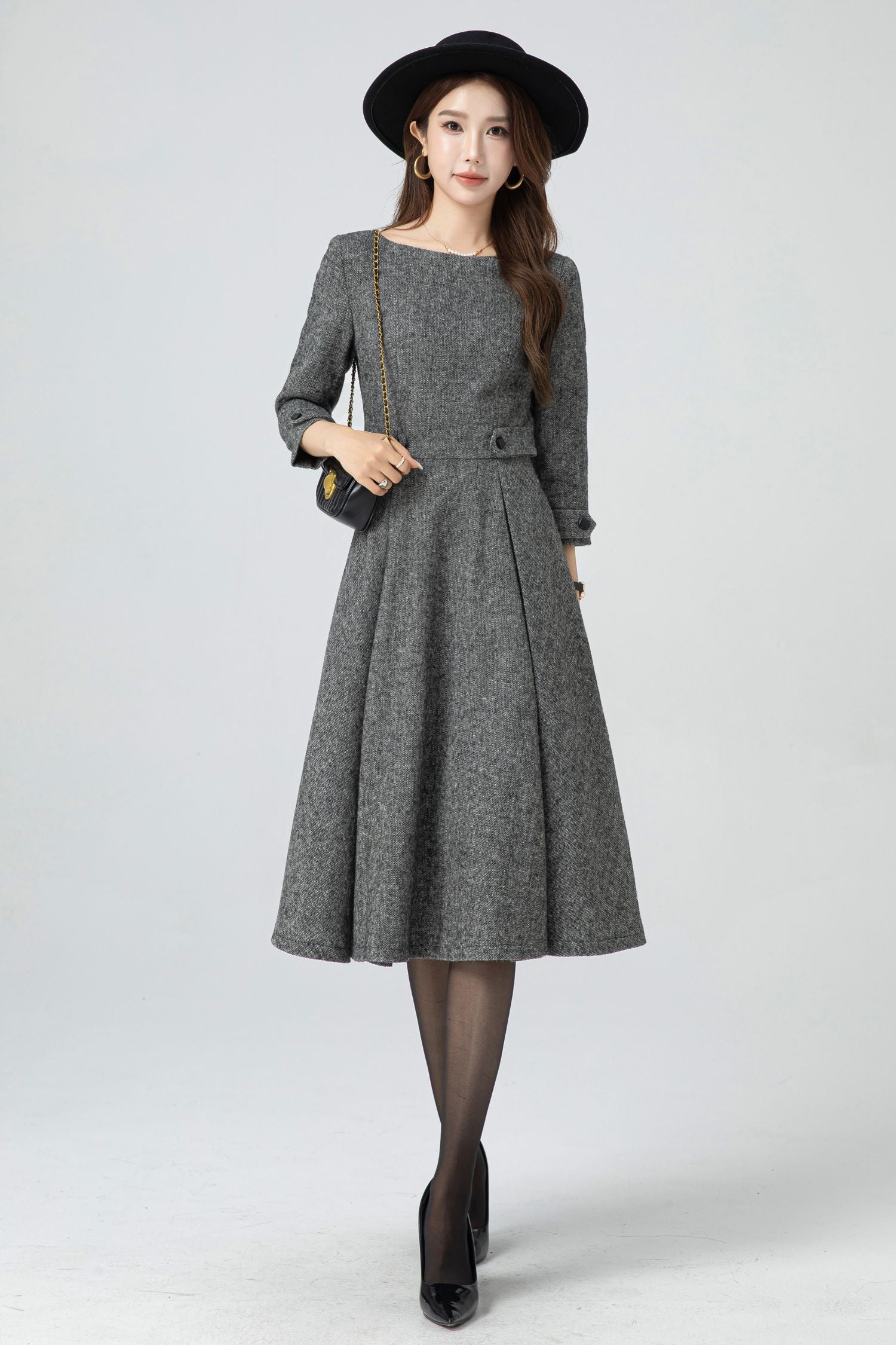 Wool Blend Fit and Flare Midi Dress – Vintage Winter Dress 5301 Gray / XL
