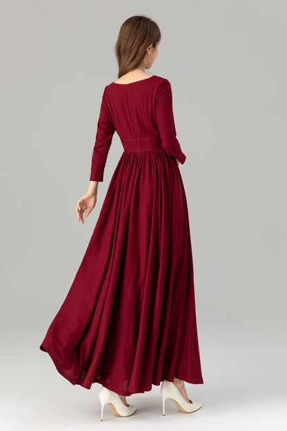 Burgundy Linen Maxi Dress - High Waisted, Flowing Silhouette 4924