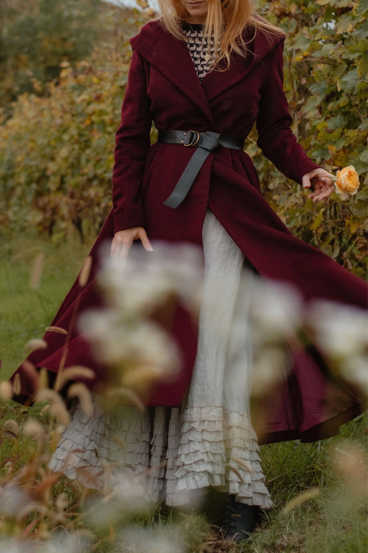 Burgundy Hooded Wool Coat – Handmade Long Belted Wool Winter Overcoat for Women 6546