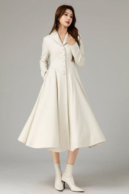 Vintage White Wool Coat – Handmade Fit & Flare Winter Elegance 5485