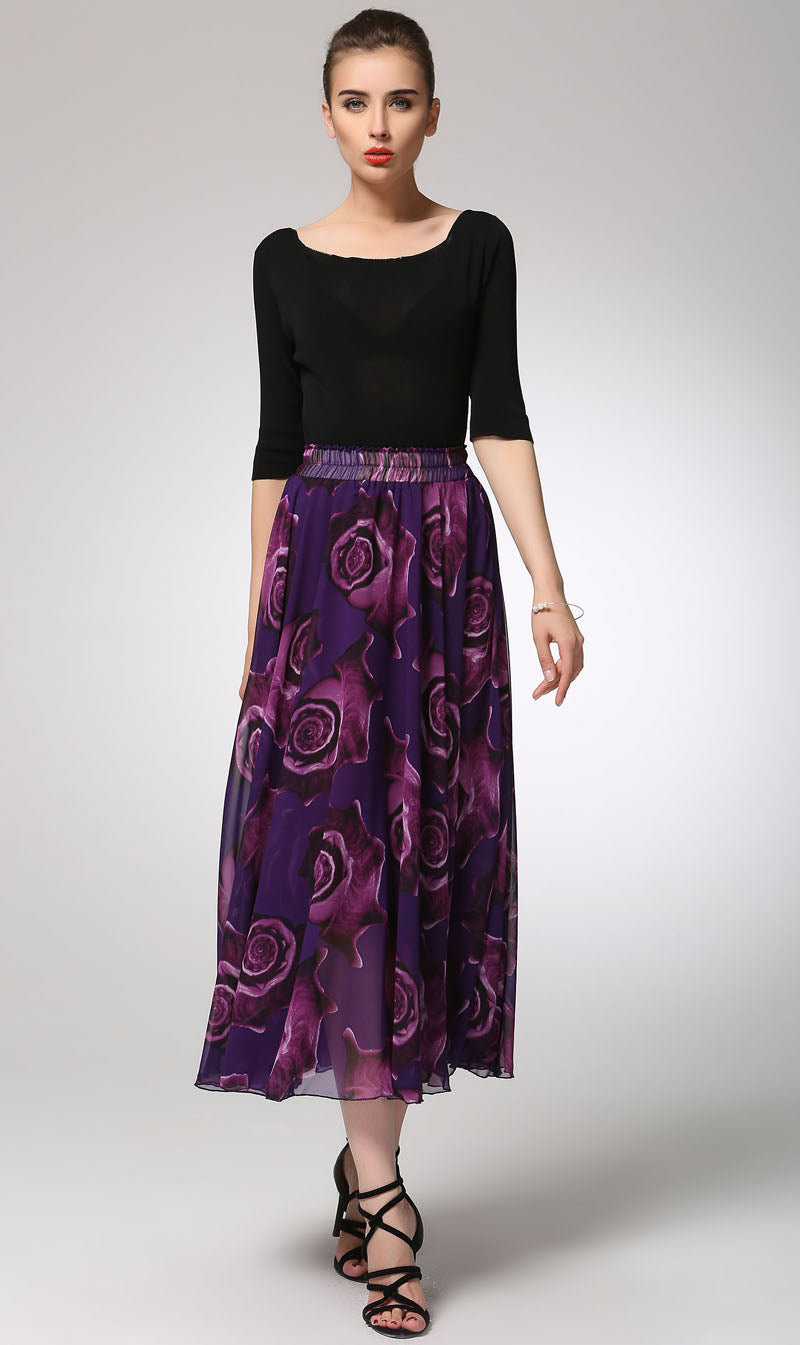 Vintage-Inspired Purple Print Chiffon Skirt with Elastic Waist 1297