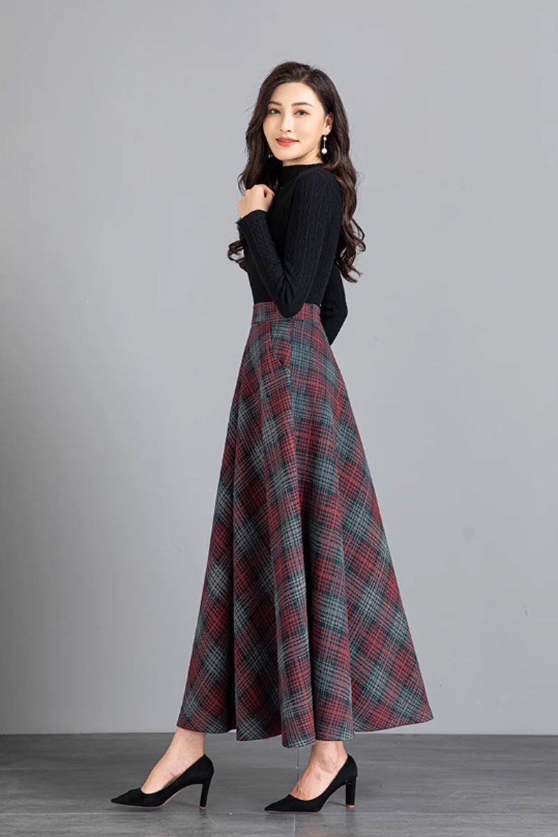 plaid winter long wool skirt women 4777