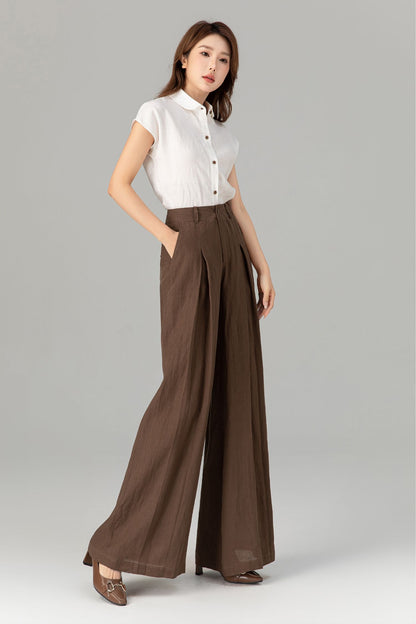 Brown Linen Wide Leg Pants - High Waisted Pleated Detail 4918