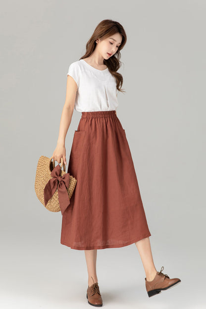 Rust Linen A-Line Midi Skirt - Elastic Waist with Pockets 4905