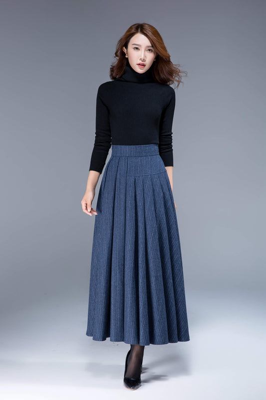 Handmade Slate Blue Wool Midi Skirt – Vintage A-Line Pleated Skirt | Xiaolizi 1801