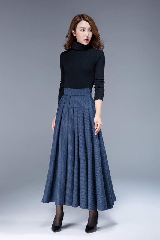 Handmade Slate Blue Wool Midi Skirt – Vintage A-Line Pleated Skirt | Xiaolizi 1801
