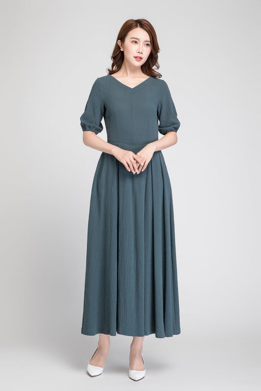 Green Linen Maxi Dress for Women with Pockets 1884