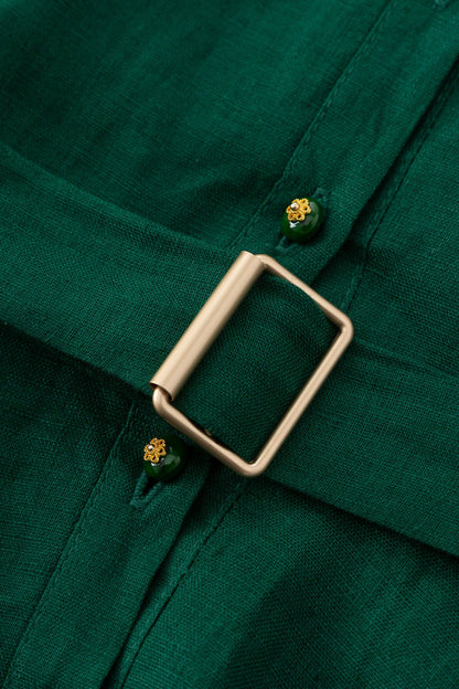 Green Linen Blend Midi Shirt Dress - Fit and Flare with Tie Belt Waist 4909