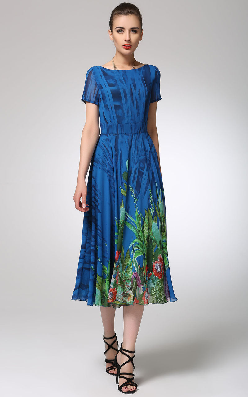 Blue Floral Chiffon Midi Dress for Women 1247