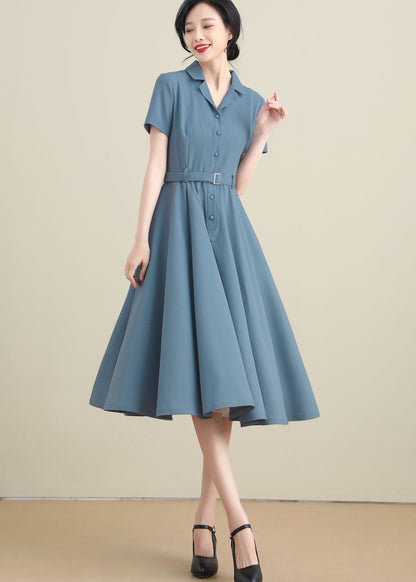 Blue Linen Cotton Shirtwaist Dress - Vintage Inspired, Below Knee Length 3277