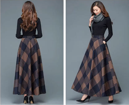 Plaid Wool Maxi Skirt - A-Line Silhouette with Back Elastic Waist 4639