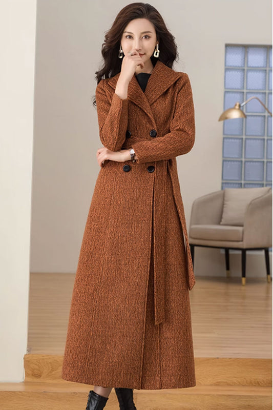 Tie belt winter long wool coat with lapel collar 4698