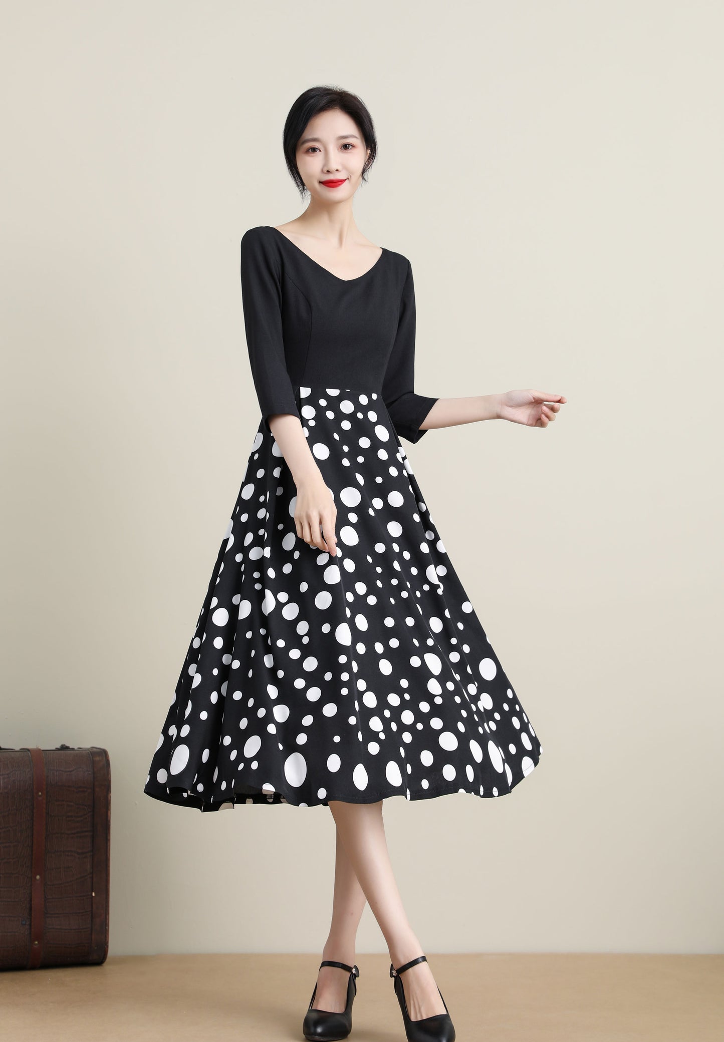 Vintage-Inspired Black Dress with Polka Dot Skirt 3317