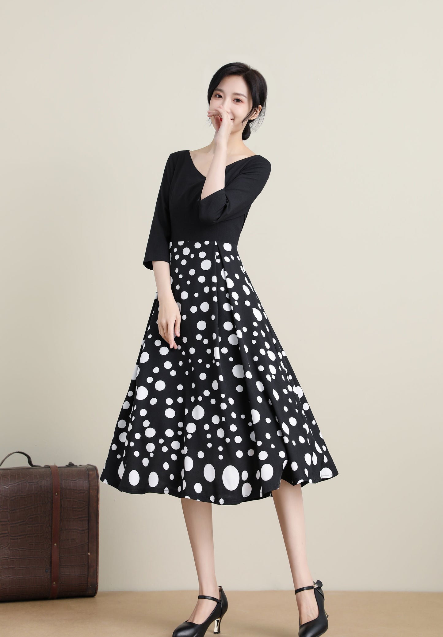 Vintage-Inspired Black Dress with Polka Dot Skirt 3317