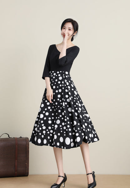 Vintage-Inspired Black Dress with Polka Dot Skirt 3317