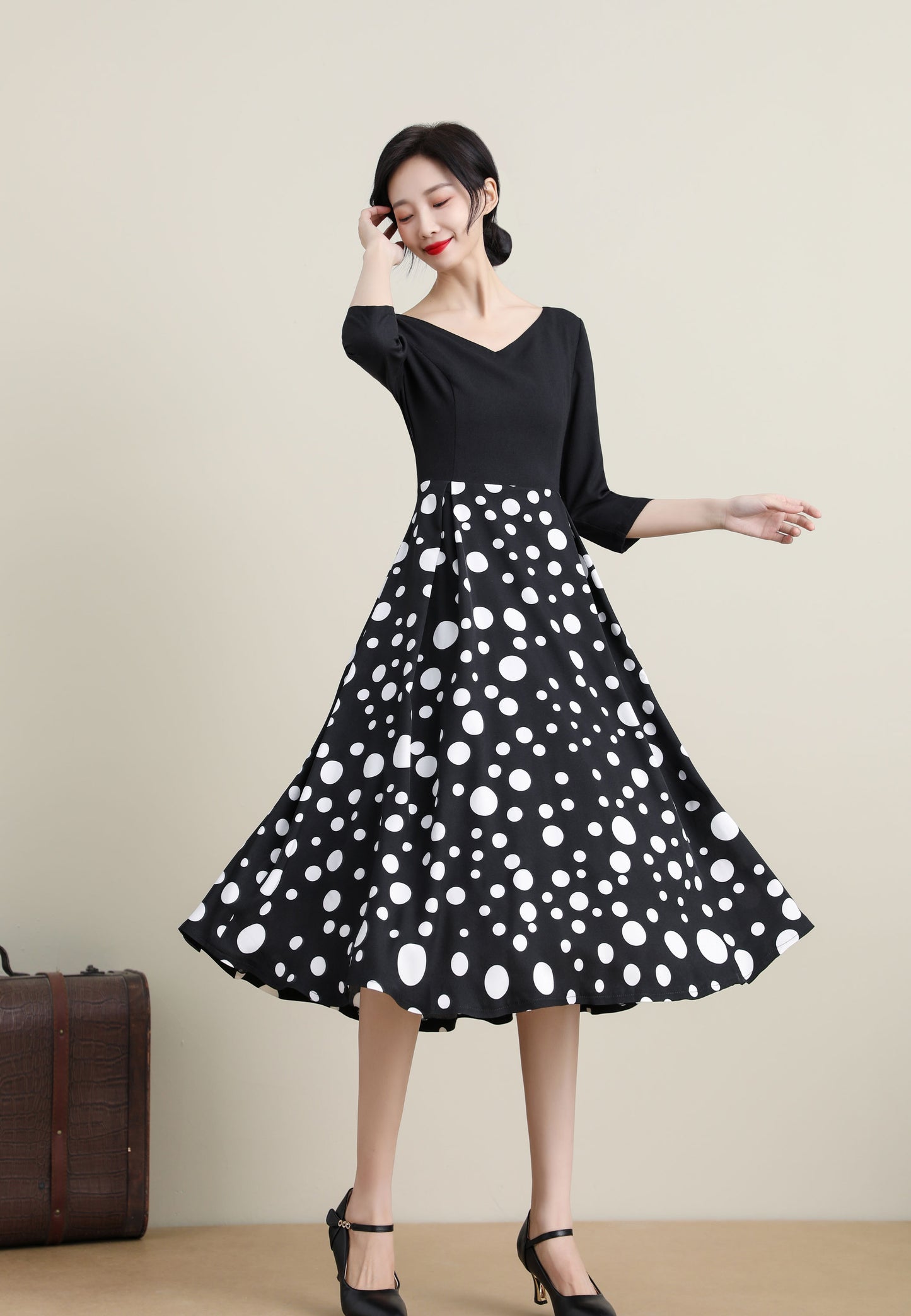 Vintage-Inspired Black Dress with Polka Dot Skirt 3317