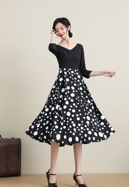 Vintage-Inspired Black Dress with Polka Dot Skirt 3317