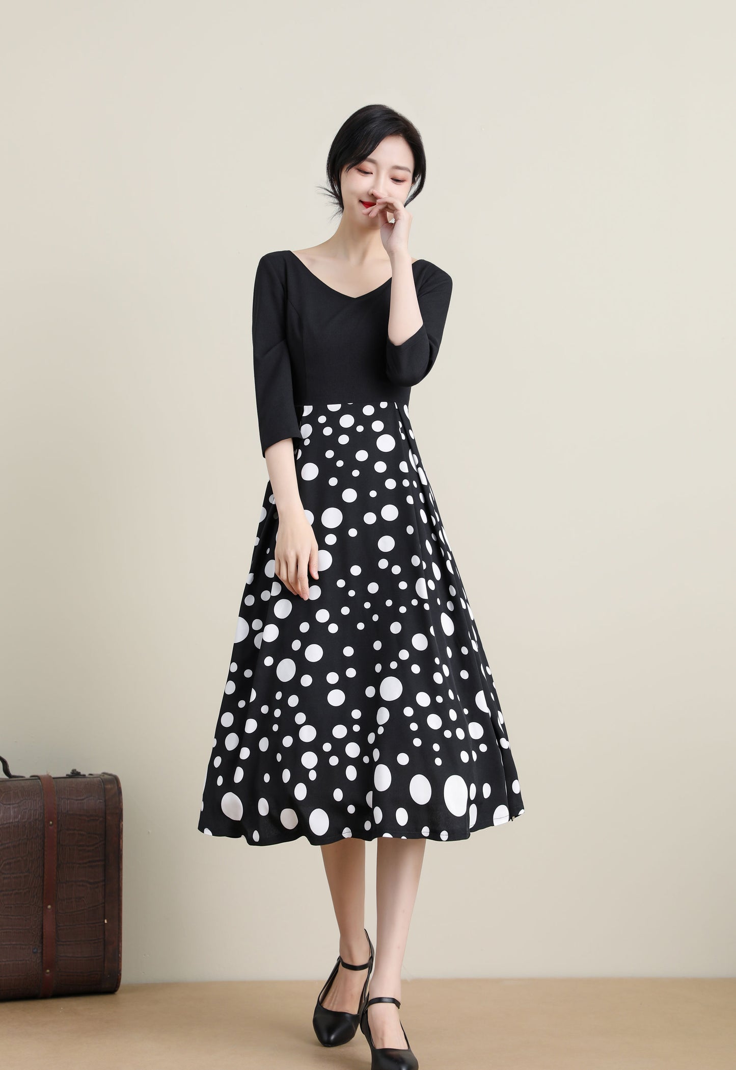 Vintage-Inspired Black Dress with Polka Dot Skirt 3317