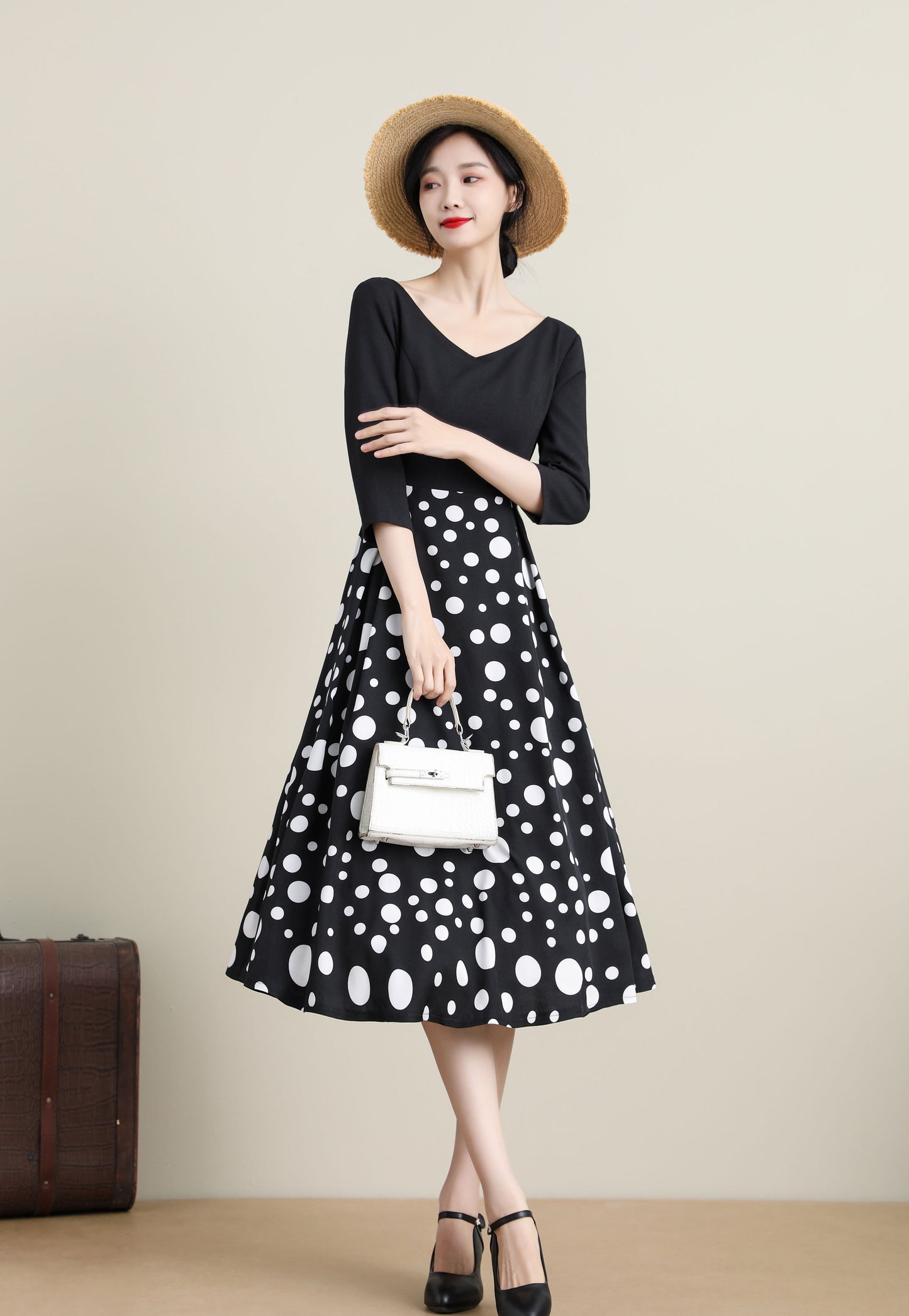 Vintage-Inspired Black Dress with Polka Dot Skirt 3317