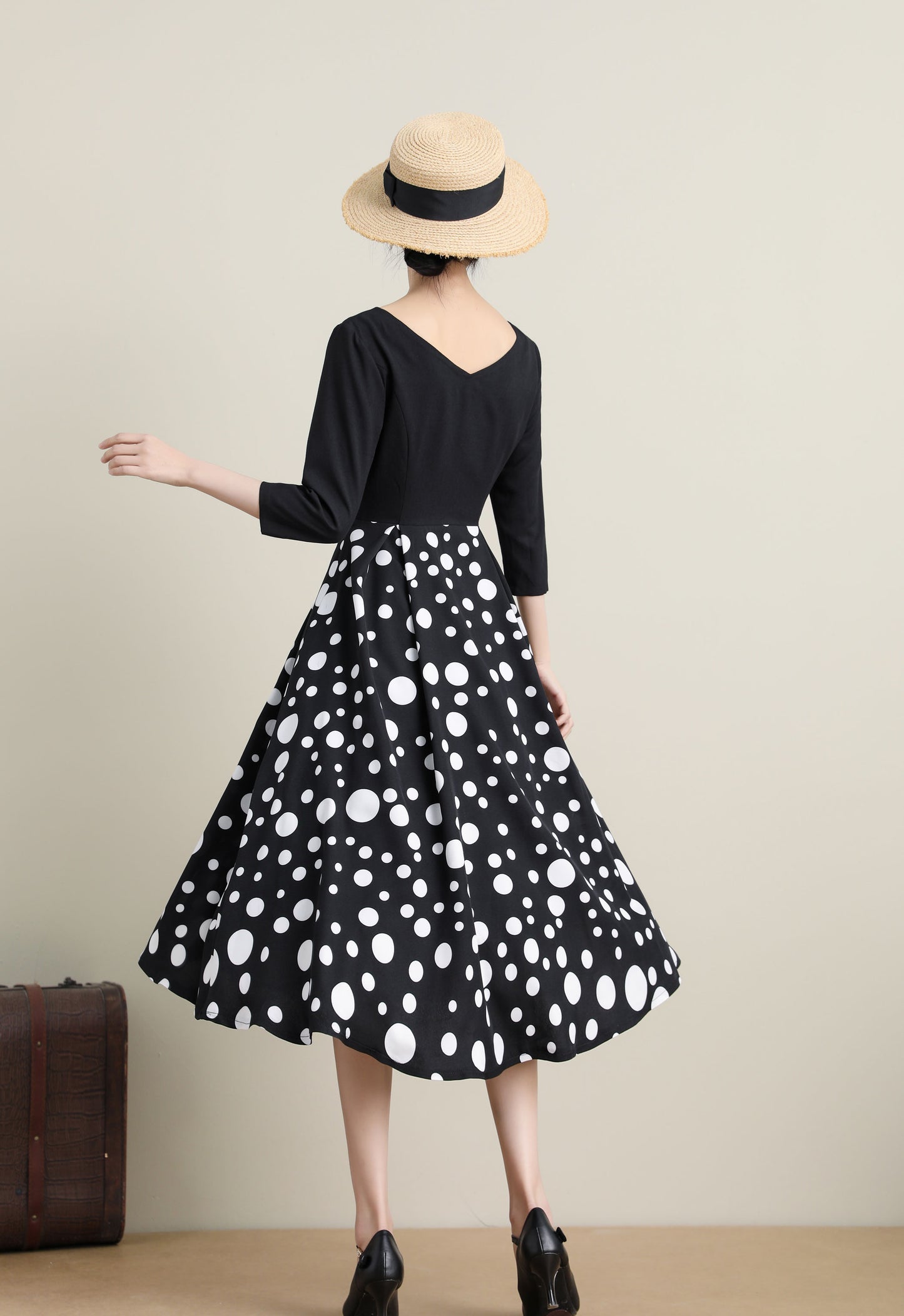 Vintage-Inspired Black Dress with Polka Dot Skirt 3317