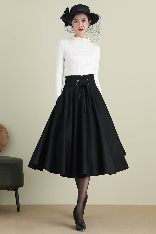 Black Midi Swing Wool Skirt 3900,Size 170-US2 #CK2202378