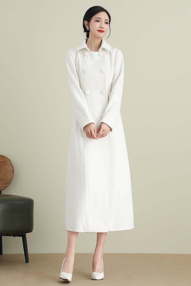 White Long Wedding Wool Coat 3903，Size XS #CK2202372