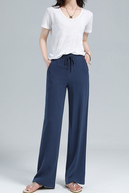 Navy Linen Blend Pants - Elastic Waist Relaxed Fit 3610