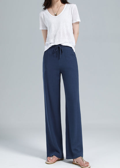 Navy Linen Blend Pants - Elastic Waist Relaxed Fit 3610