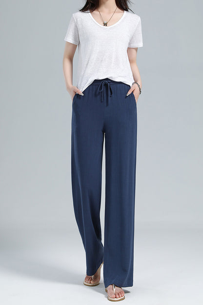 Navy Linen Blend Pants - Elastic Waist Relaxed Fit 3610