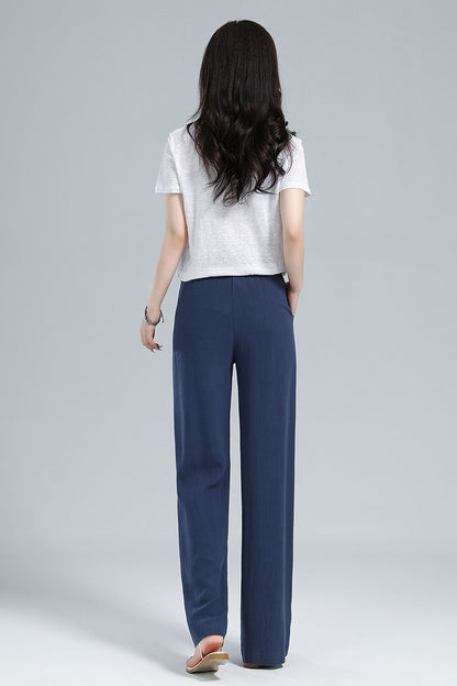 Navy Linen Blend Pants - Elastic Waist Relaxed Fit 3610