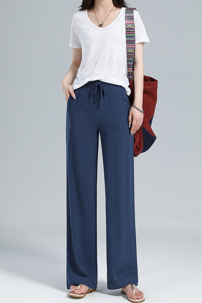 Navy Linen Blend Pants - Elastic Waist Relaxed Fit 3610
