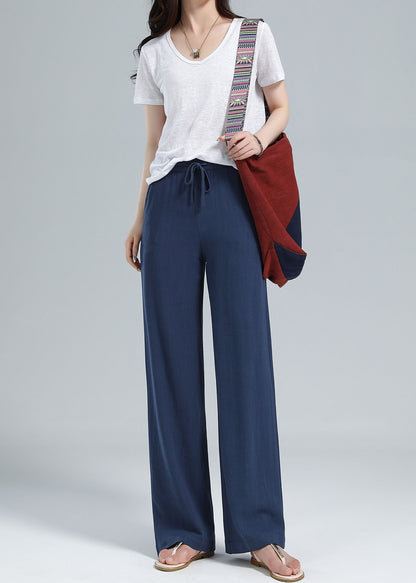 Navy Linen Blend Pants - Elastic Waist Relaxed Fit 3610