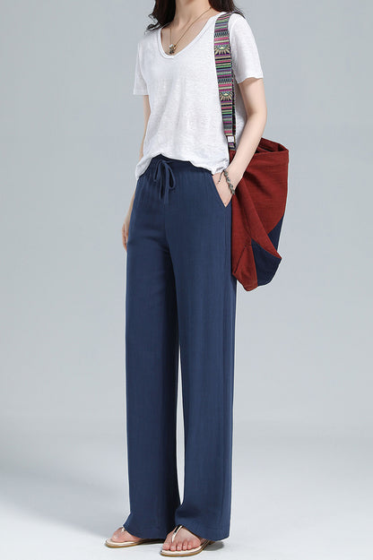 Navy Linen Blend Pants - Elastic Waist Relaxed Fit 3610