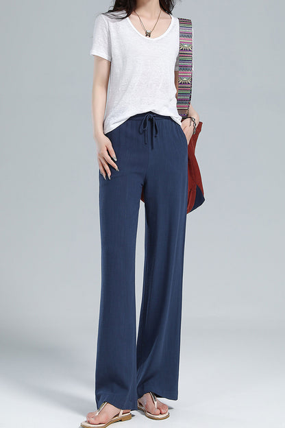 Navy Linen Blend Pants - Elastic Waist Relaxed Fit 3610