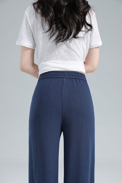 Navy Linen Blend Pants - Elastic Waist Relaxed Fit 3610