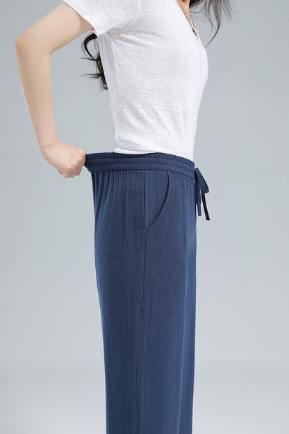 Navy Linen Blend Pants - Elastic Waist Relaxed Fit 3610