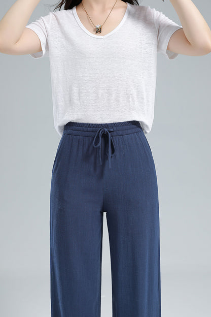 Navy Linen Blend Pants - Elastic Waist Relaxed Fit 3610