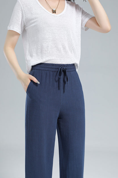 Navy Linen Blend Pants - Elastic Waist Relaxed Fit 3610